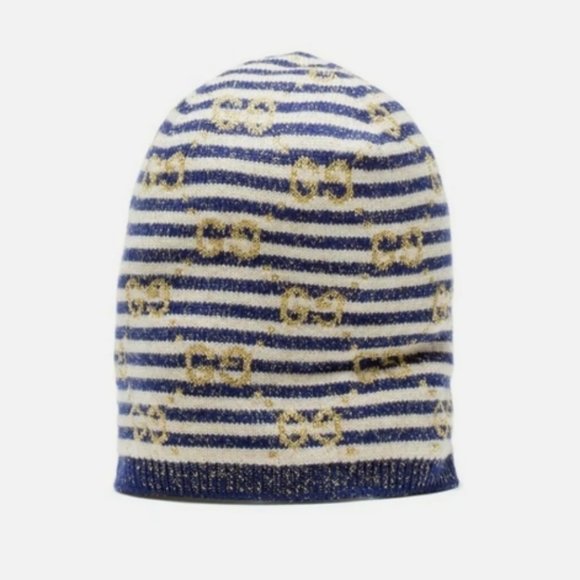 Gucci Beanie Striped GG Logo Blue & White Wool Hat Size - Picture 1 of 10